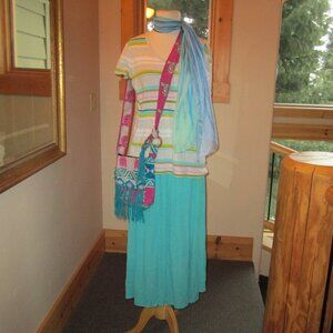 Aqua Colored Mission Canyon Skirt, Sonoma Striped Cotton Tee, Silk Scarf & Bag